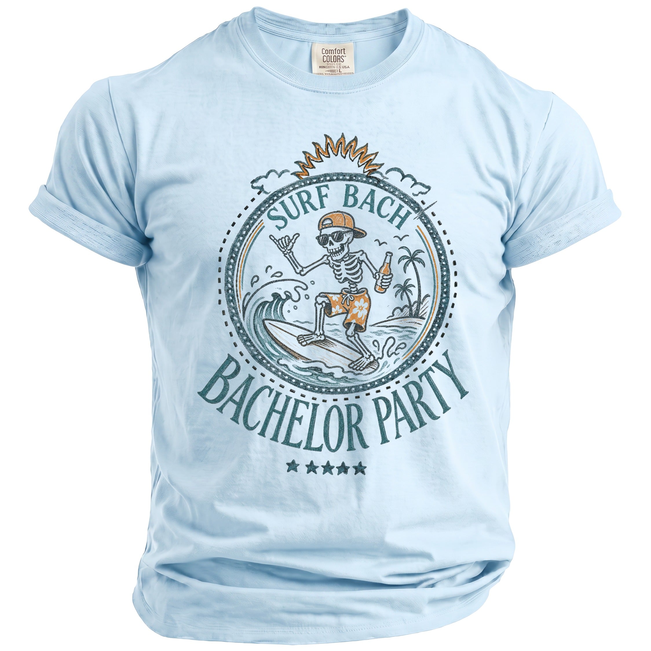 Light blue t-shirt with skeleton surfing and "Surf Bach Bachelor Party" graphic.