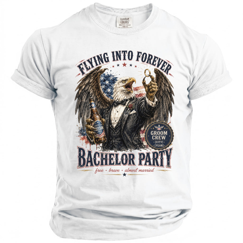 Eagle in suit holding beer and ring, text "Flying Into Forever Bachelor Party"