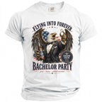 Eagle in suit holding beer and ring, text "Flying Into Forever Bachelor Party"