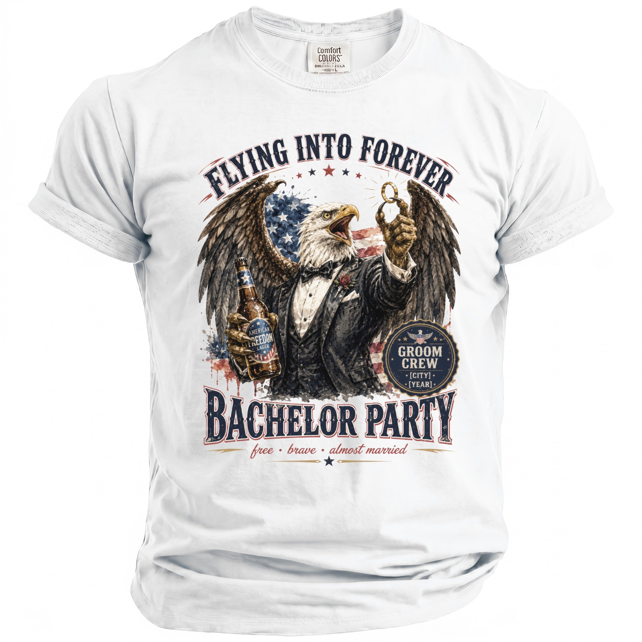 Eagle in suit holding beer and ring, text "Flying Into Forever Bachelor Party"