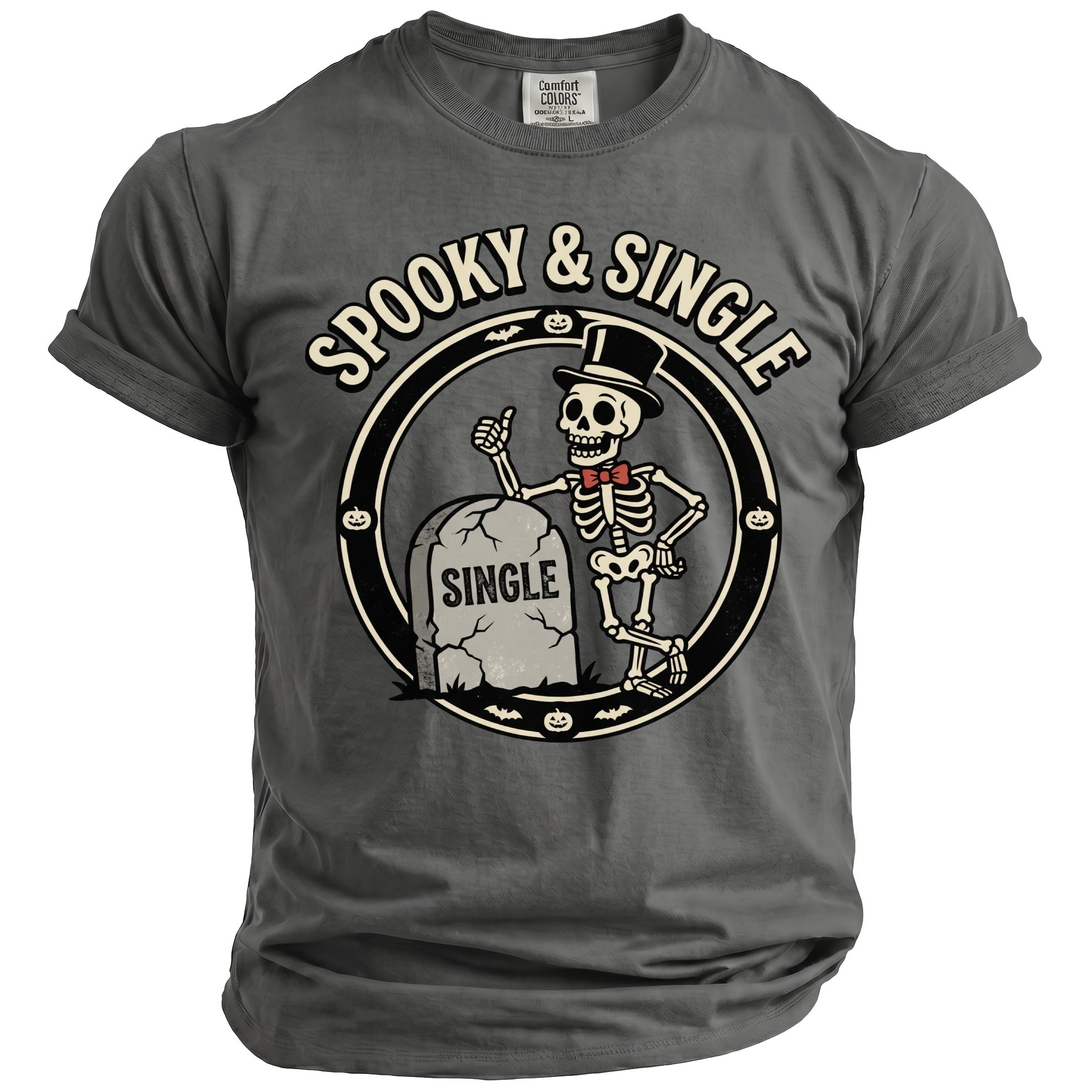 Grey t-shirt with "Spooky & Single" graphic featuring a skeleton and tombstone.