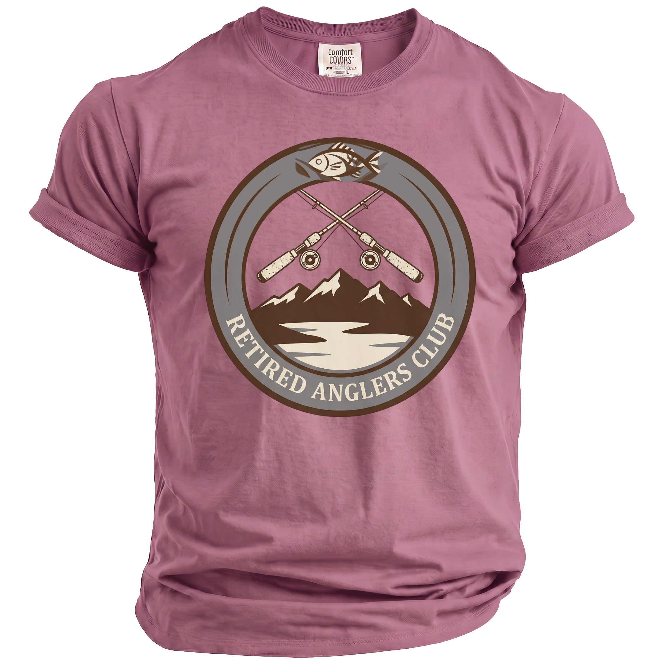 Mauve t-shirt with "Retired Anglers Club" logo featuring fishing rods and mountains.