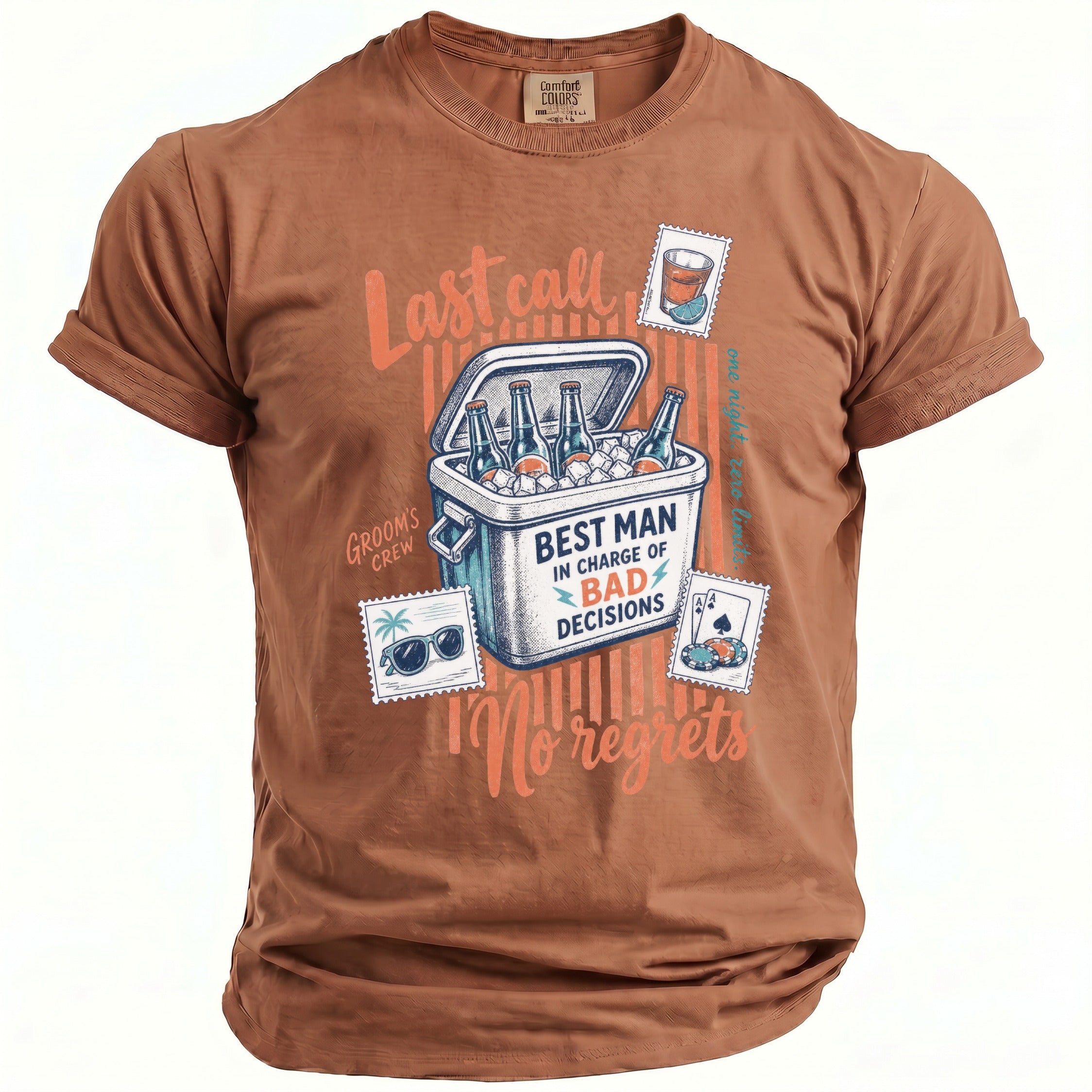 Brown t-shirt with "Last Call" and cooler graphic featuring "Best Man in Charge of Bad Decisions".