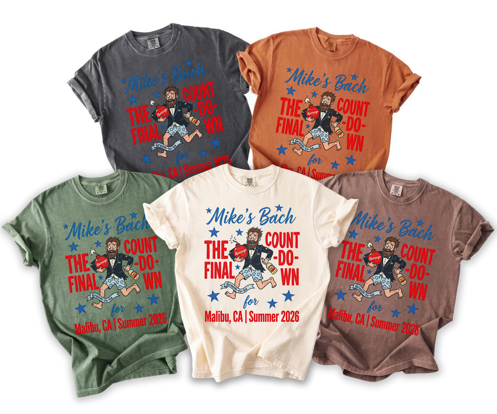 T-shirts with "Mike's Bach The Final Count-Down" design in multiple colors.