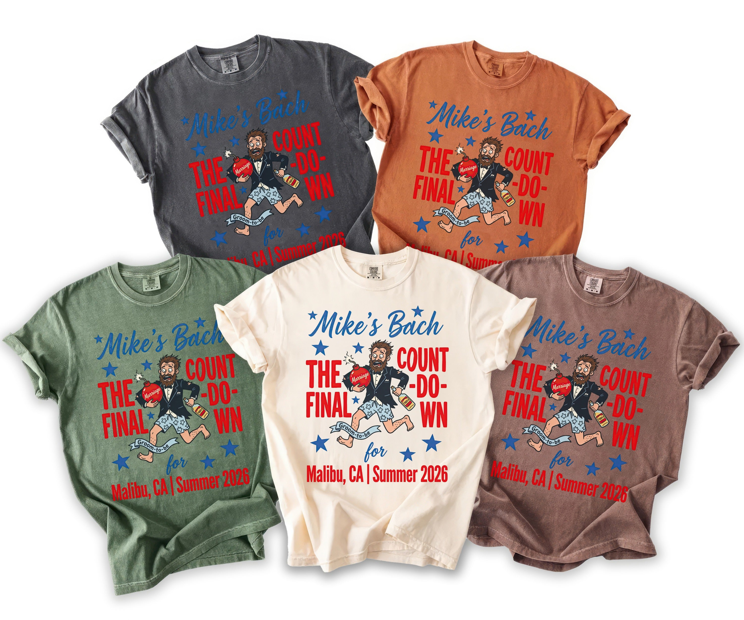 T-shirts with "Mike's Bach The Final Count-Down" design in multiple colors.
