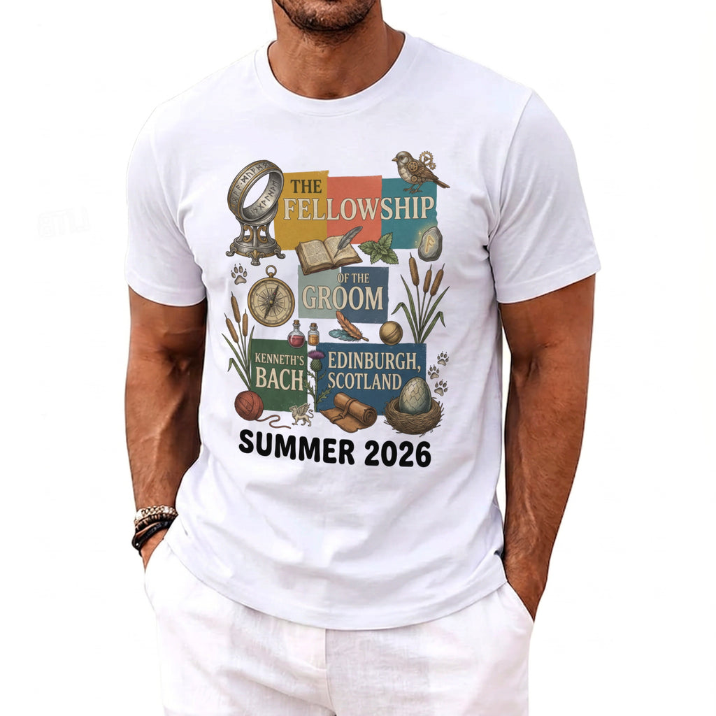 T-shirt graphic: The Fellowship of the Groom, Edinburgh, Scotland, Summer 2026.
