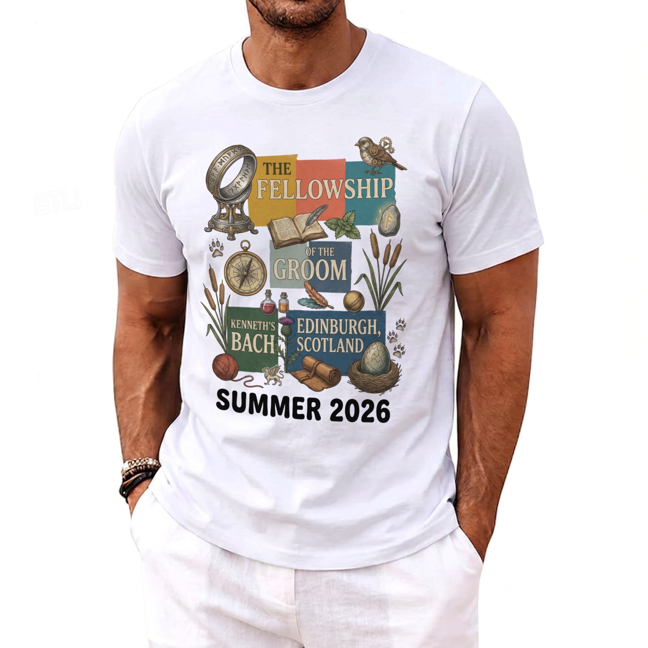 T-shirt graphic: The Fellowship of the Groom, Edinburgh, Scotland, Summer 2026.