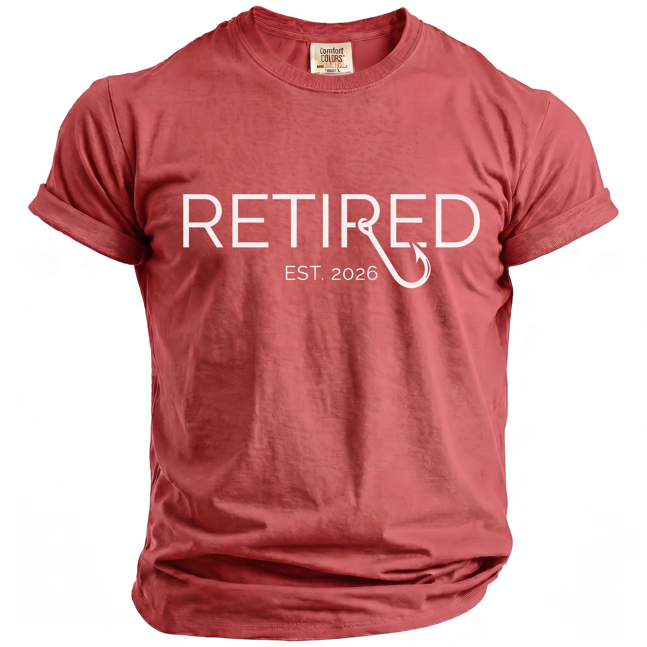 Red t-shirt with "RETIRED EST. 2026" and a fishing hook graphic.