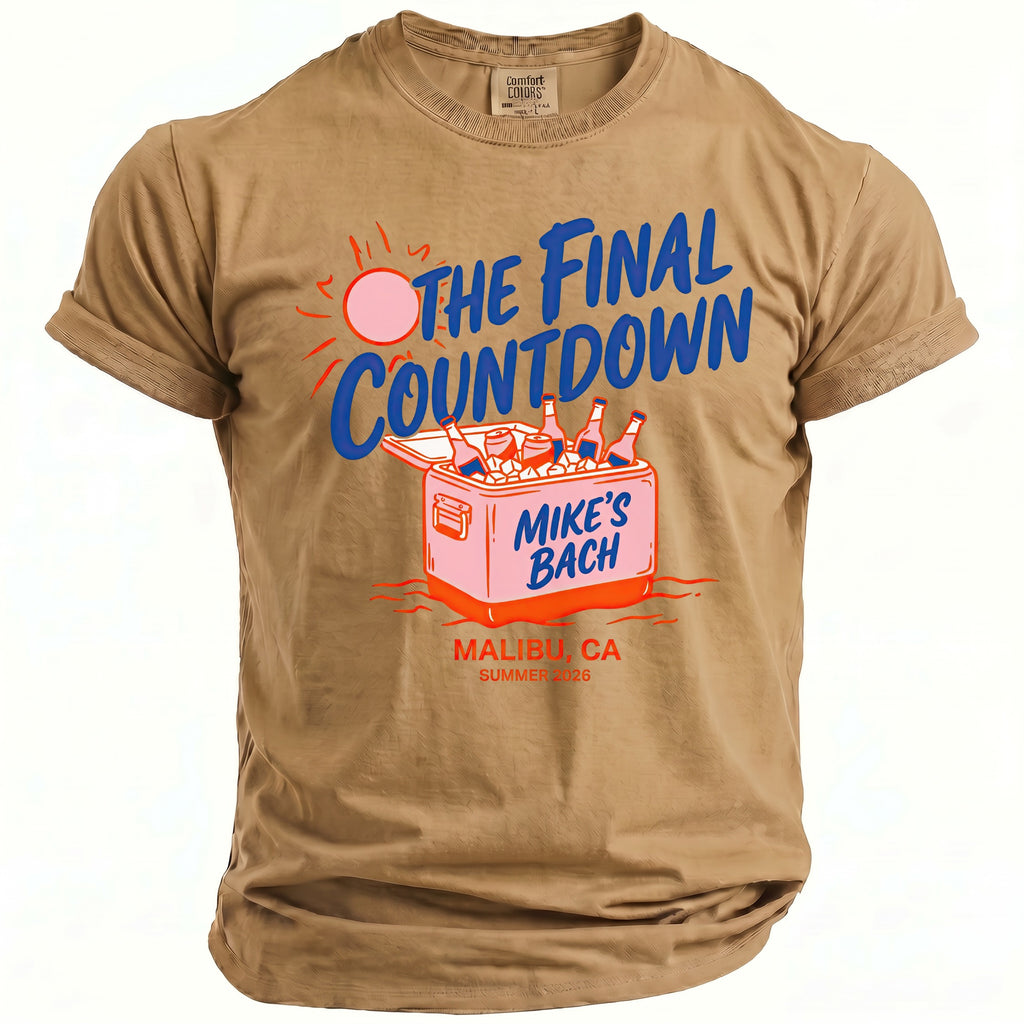 Tan t-shirt with "The Final Countdown", cooler, and "Mike's Bach" design.