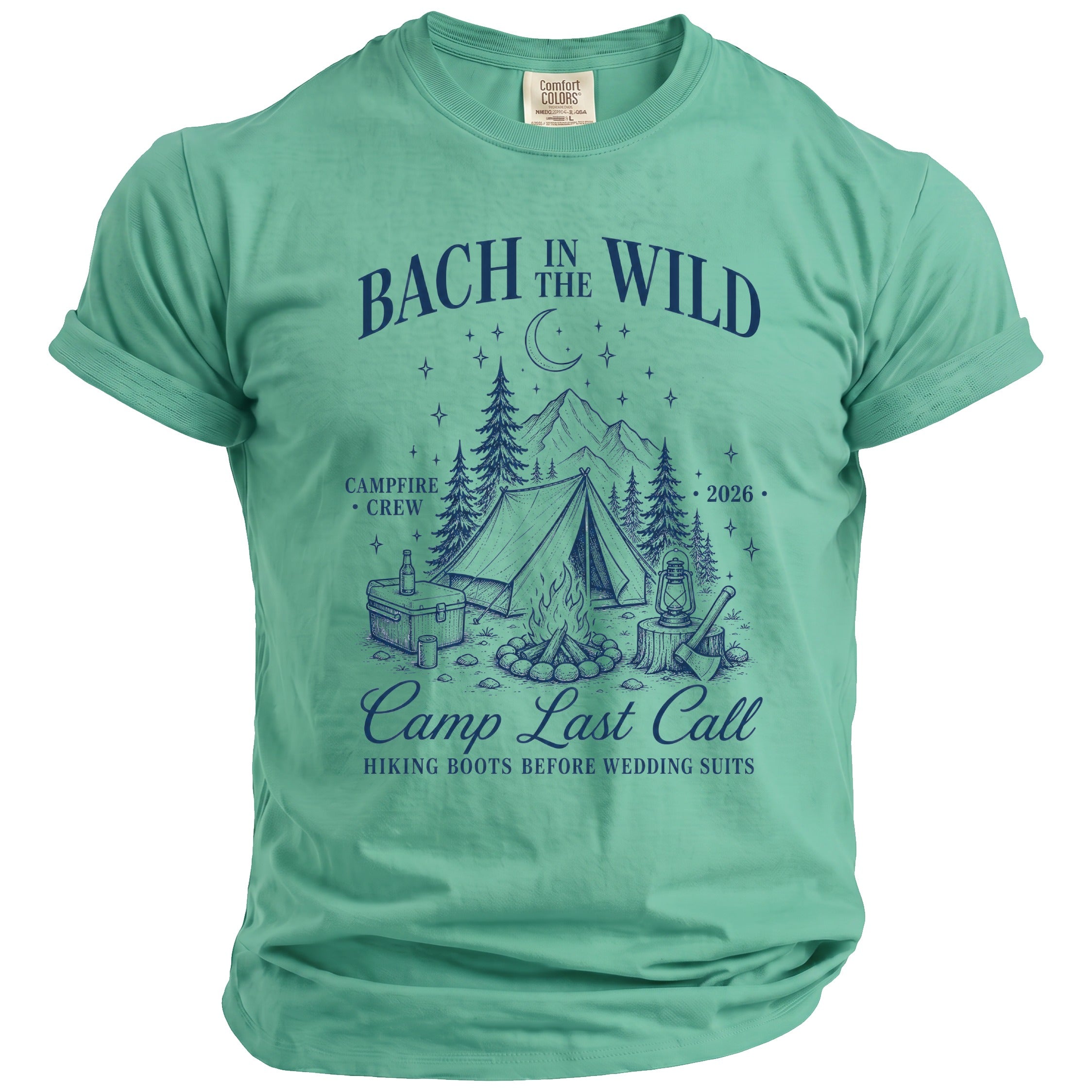 Green t-shirt with "Bach in the Wild" camping graphic and "Camp Last Call" text.