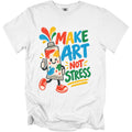 White t-shirt with "Make Art Not Stress" text and cartoon paint tube character.