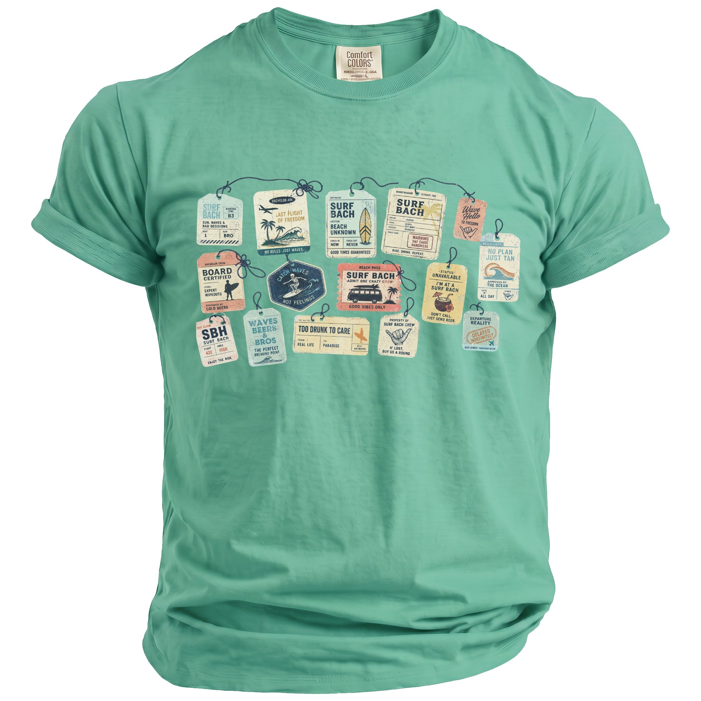 Teal t-shirt with multiple vintage-style tags featuring surfing and beach themes.