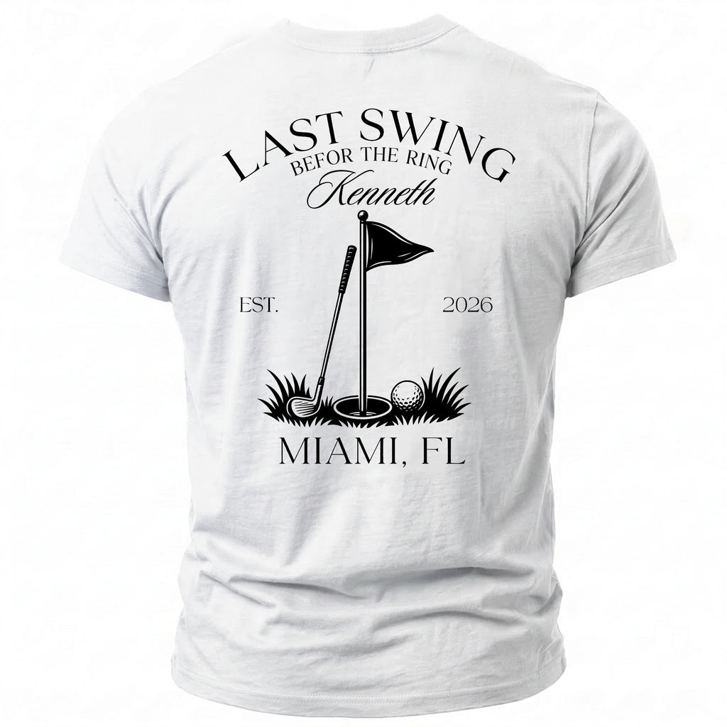 White t-shirt with "Last Swing Before the Ring Kenneth" golf design and Miami, FL.