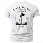 White t-shirt with "Last Swing Before the Ring Kenneth" golf design and Miami, FL.
