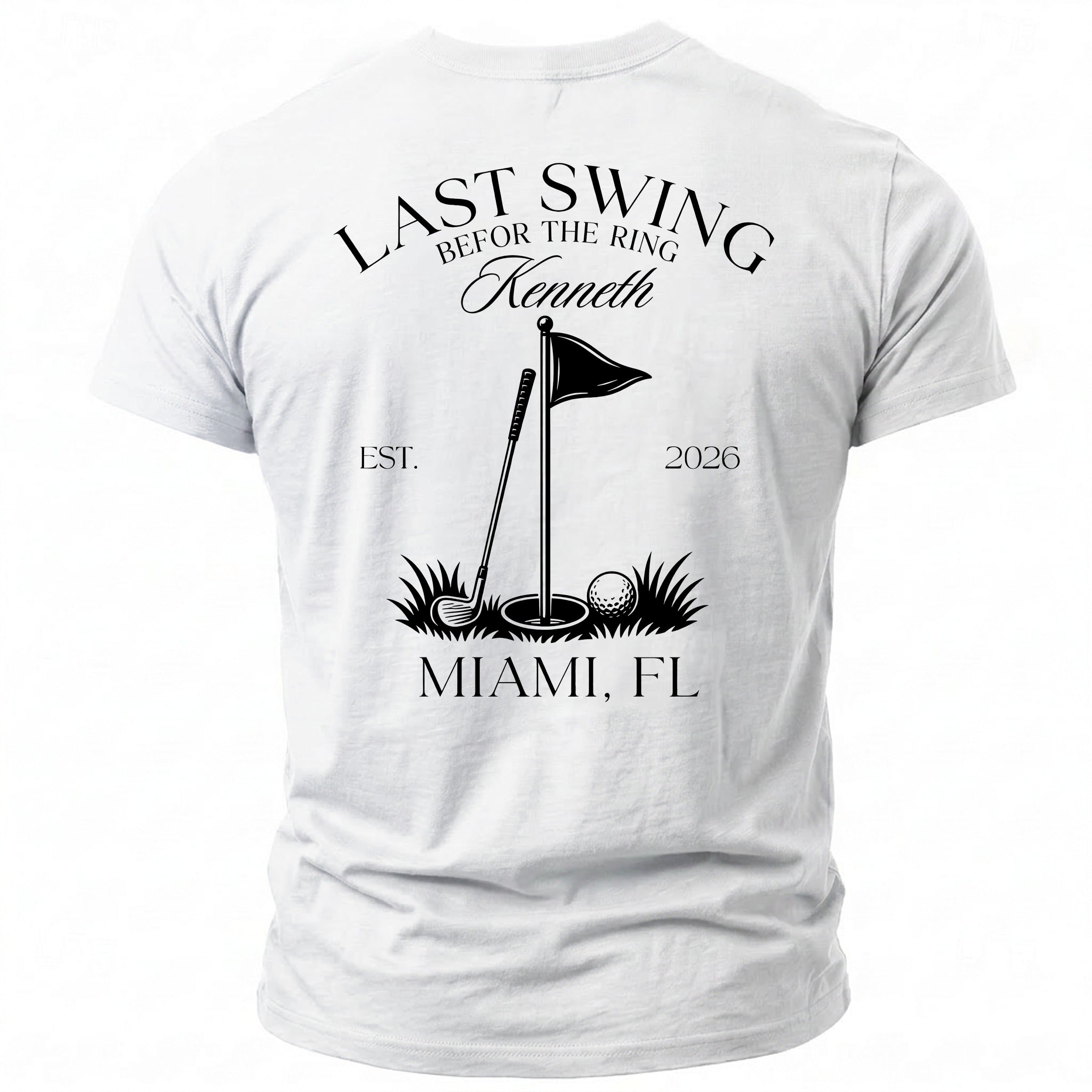 White t-shirt with "Last Swing Before the Ring Kenneth" golf design and Miami, FL.