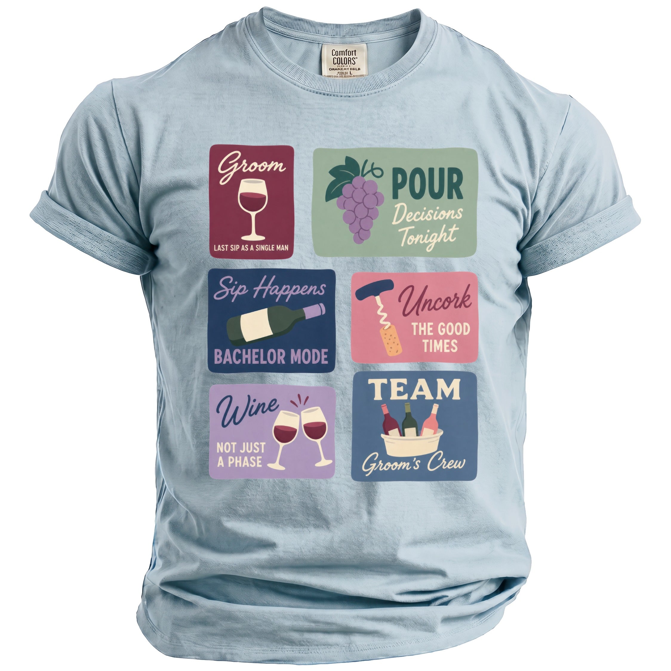 Light blue t-shirt with six square graphics featuring wine-related phrases and icons.