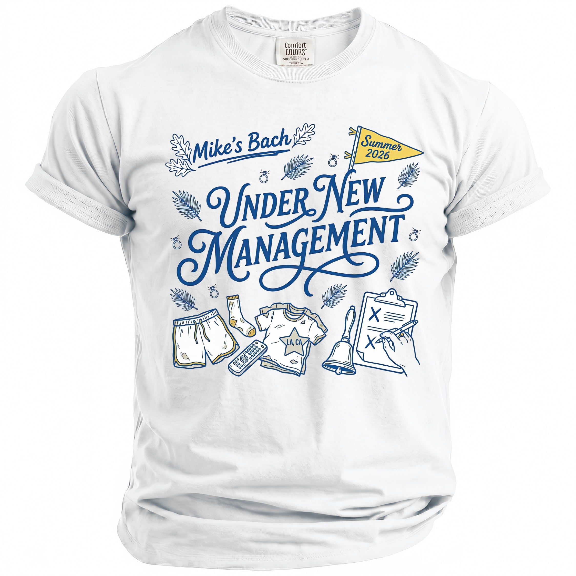 White t-shirt with blue text "Mike's Bach Under New Management" and bachelorette party graphics.