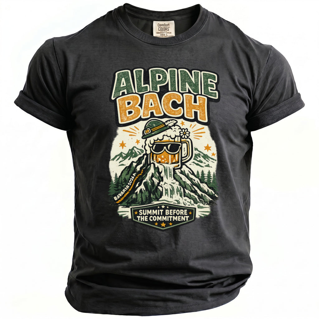 Dark grey t-shirt with graphic of beer mug waterfall on mountain, text "ALPINE BACH" and "SUMMIT BEFORE THE COMMITMENT".