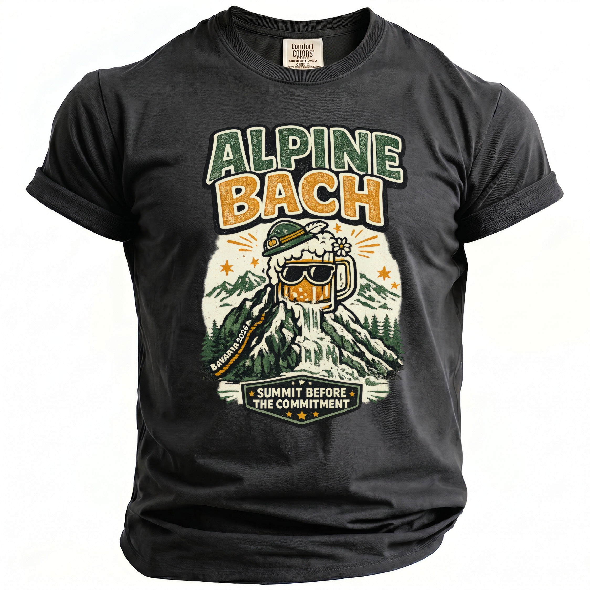 Dark grey t-shirt with graphic of beer mug waterfall on mountain, text "ALPINE BACH" and "SUMMIT BEFORE THE COMMITMENT".