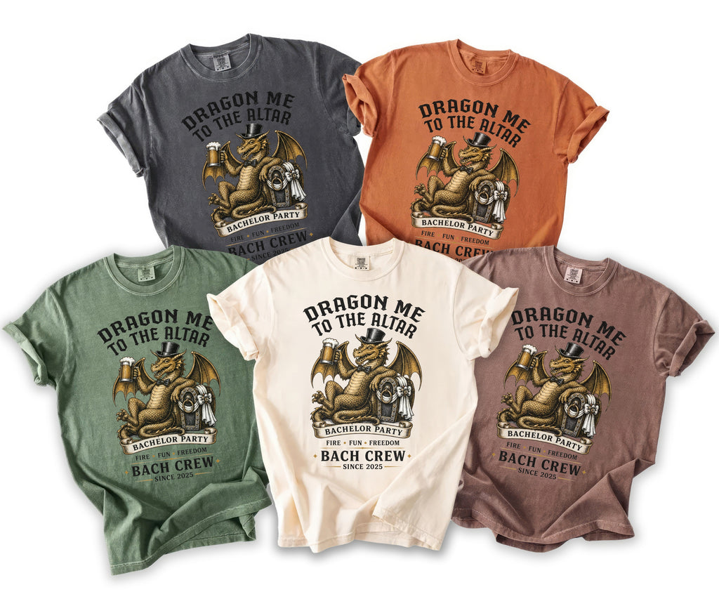 T-shirts in various colors with "Dragon Me to the Altar" bachelor party graphic.
