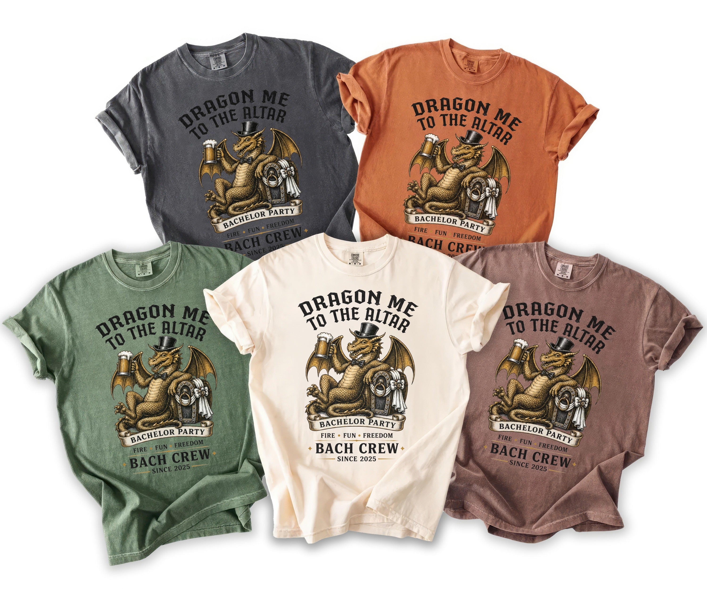 T-shirts in various colors with "Dragon Me to the Altar" bachelor party graphic.