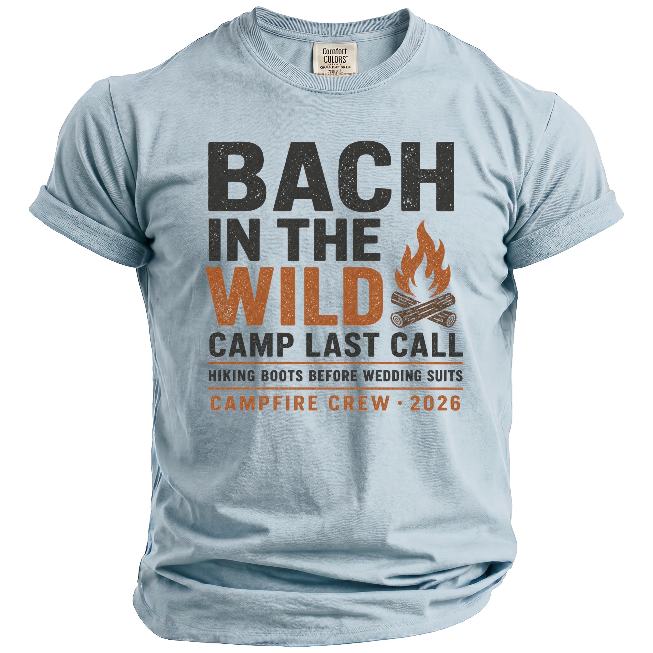 Light blue t-shirt with "Bach in the Wild" and campfire graphics.