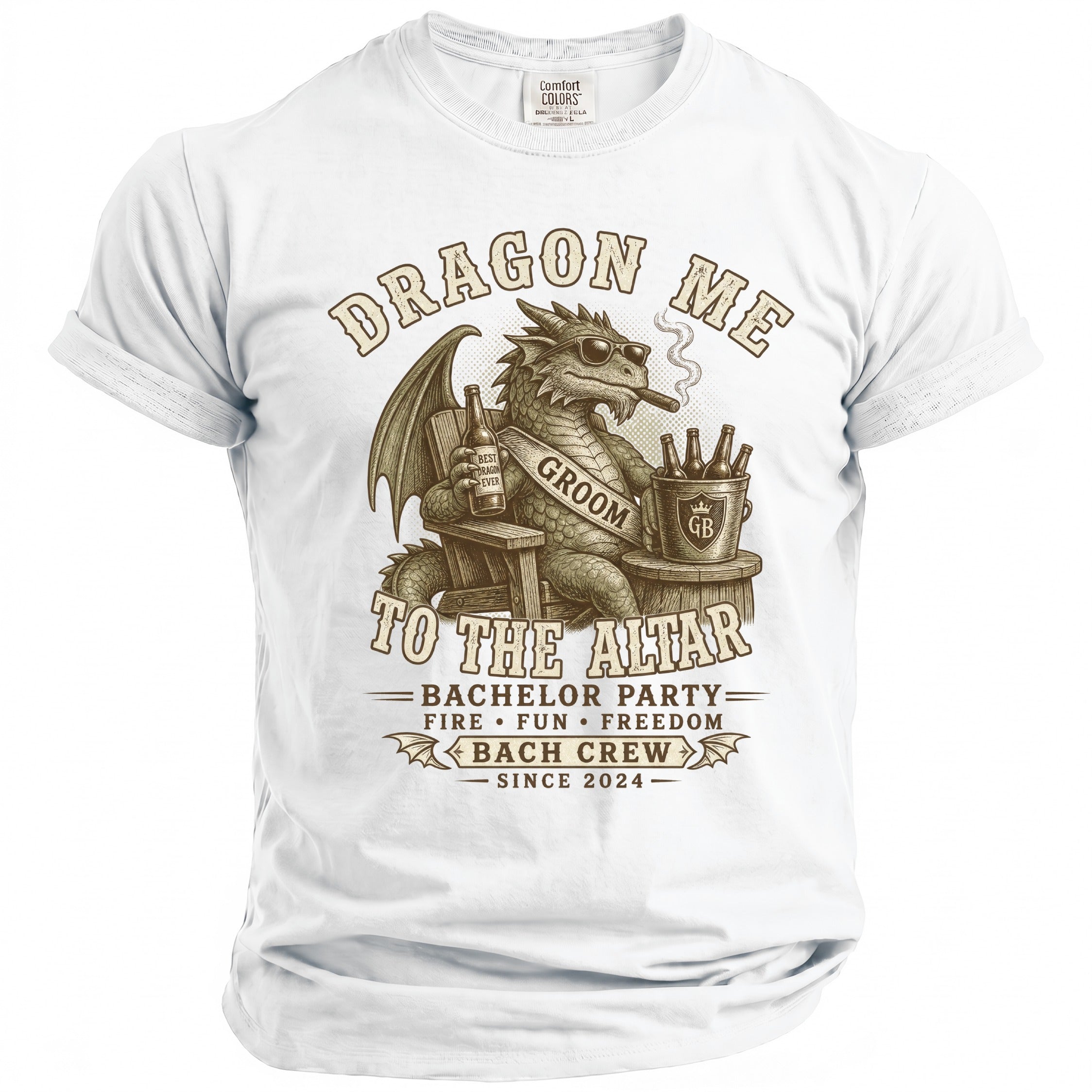 Dragon with cigar and beer relaxes, "Groom" sash, "To the Altar: Bachelor Party" text.
