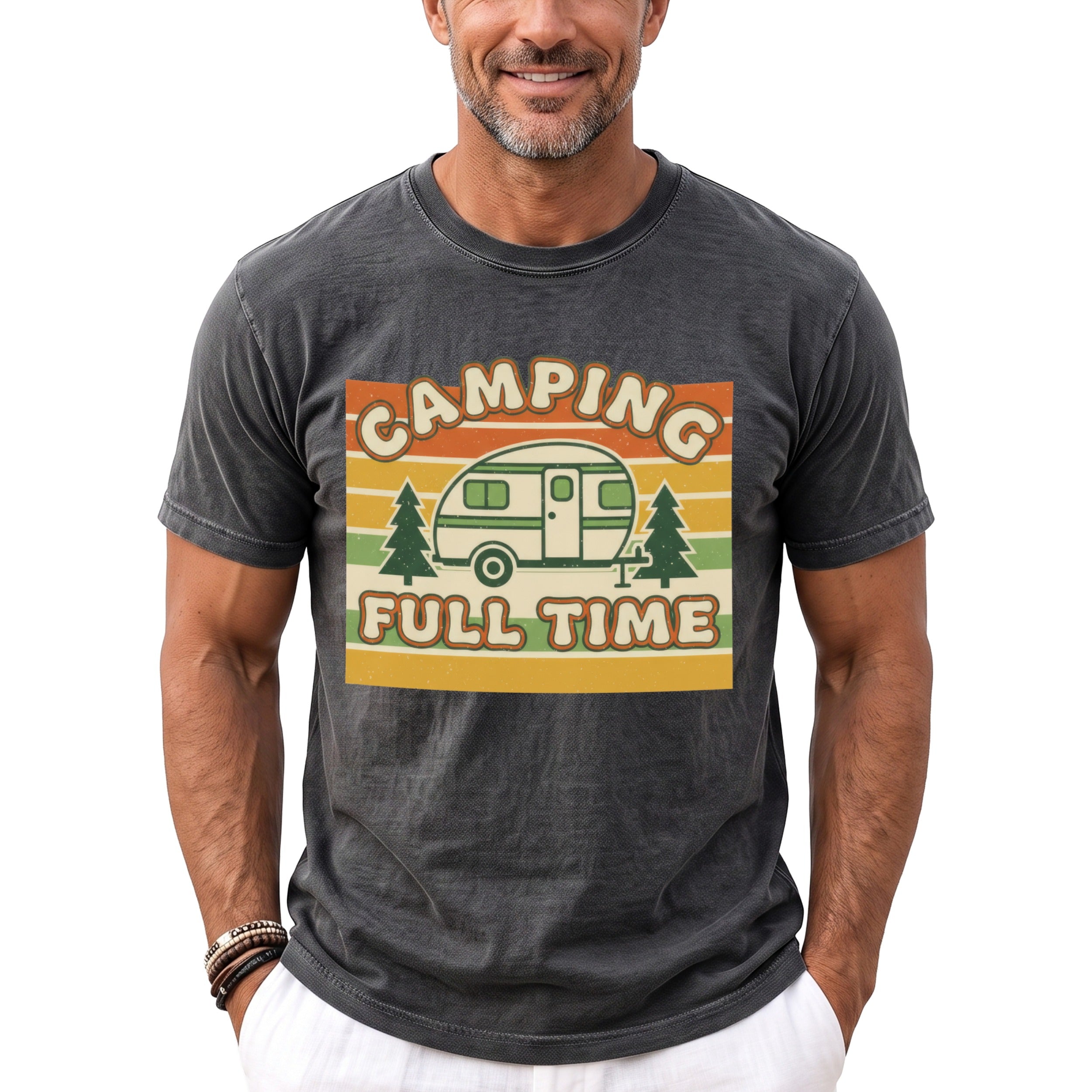 Camping Full Time graphic on a dark gray t-shirt with retro style.
