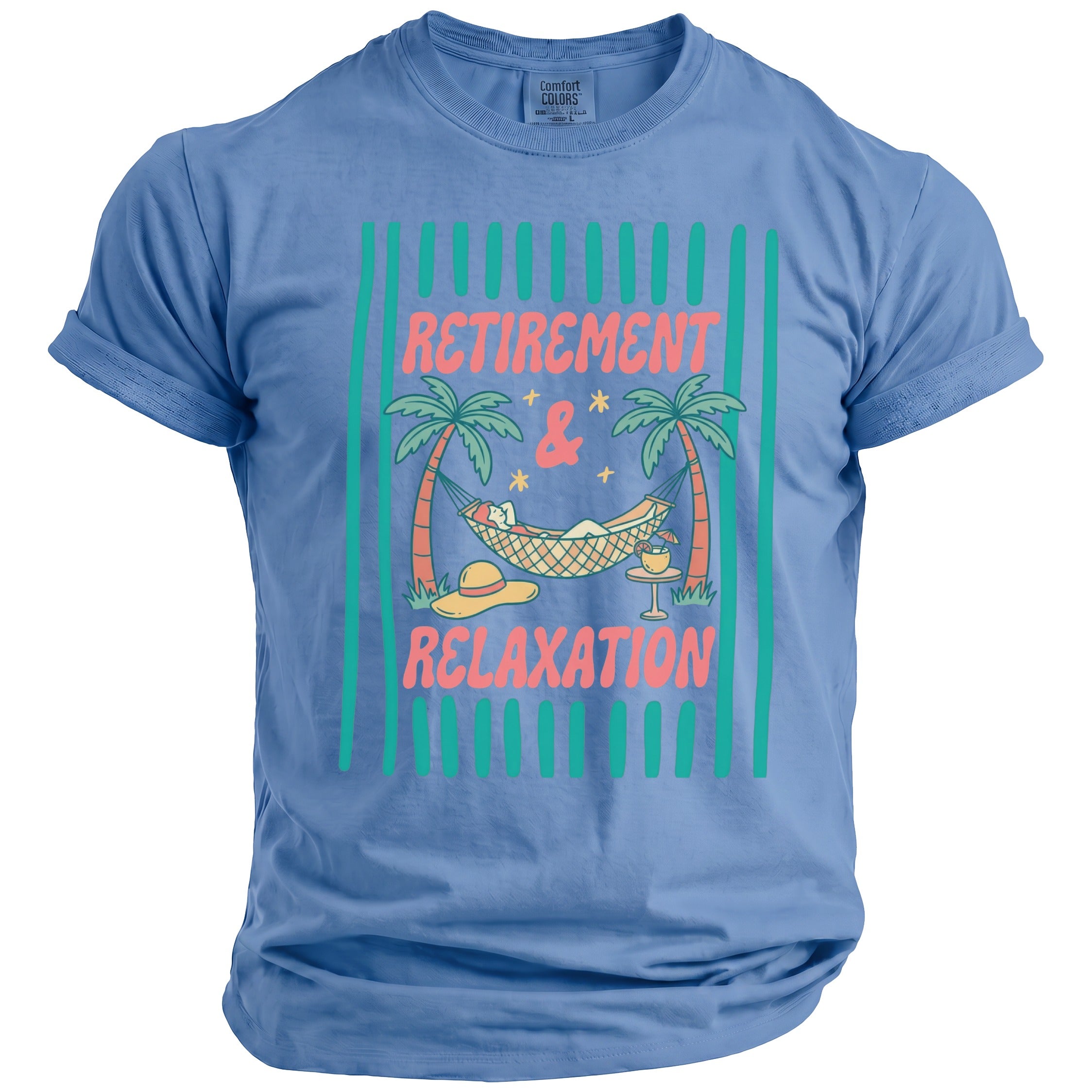 Light blue t-shirt with "Retirement & Relaxation" text and beach scene graphic.