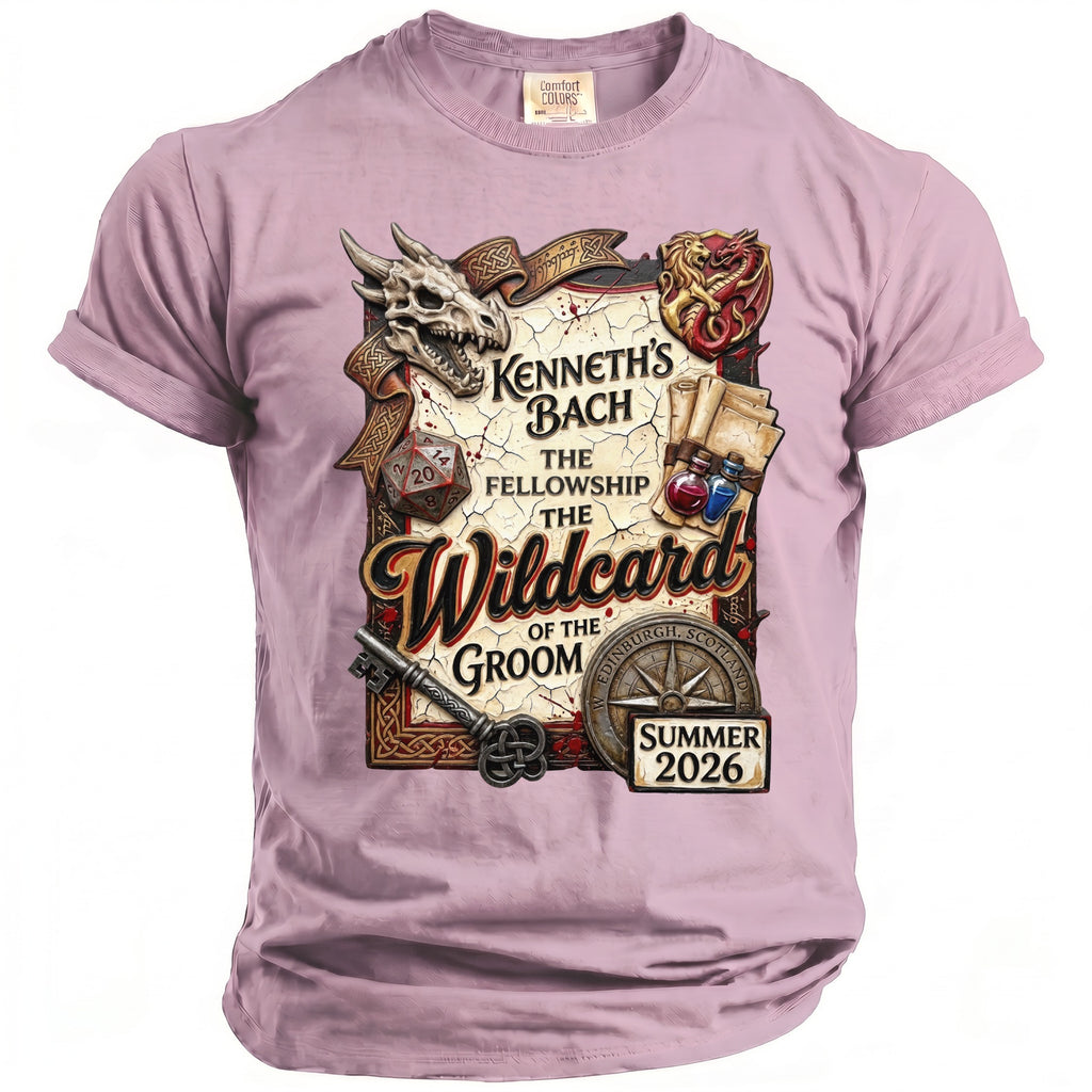 T-shirt with "Kenneth's Bach The Fellowship The Wildcard of the Groom" text and graphics.