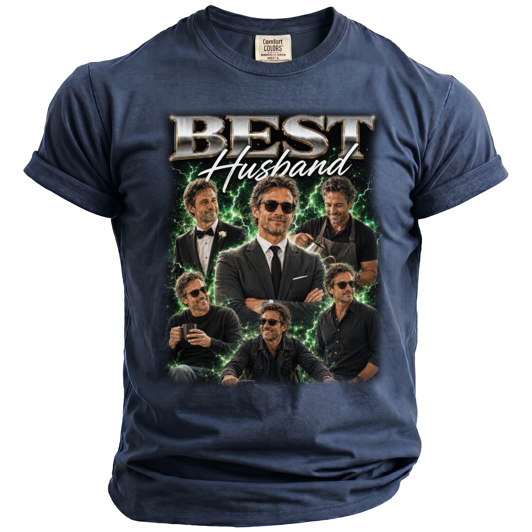 Navy t-shirt with "BEST Husband" text and collage of man in various outfits.