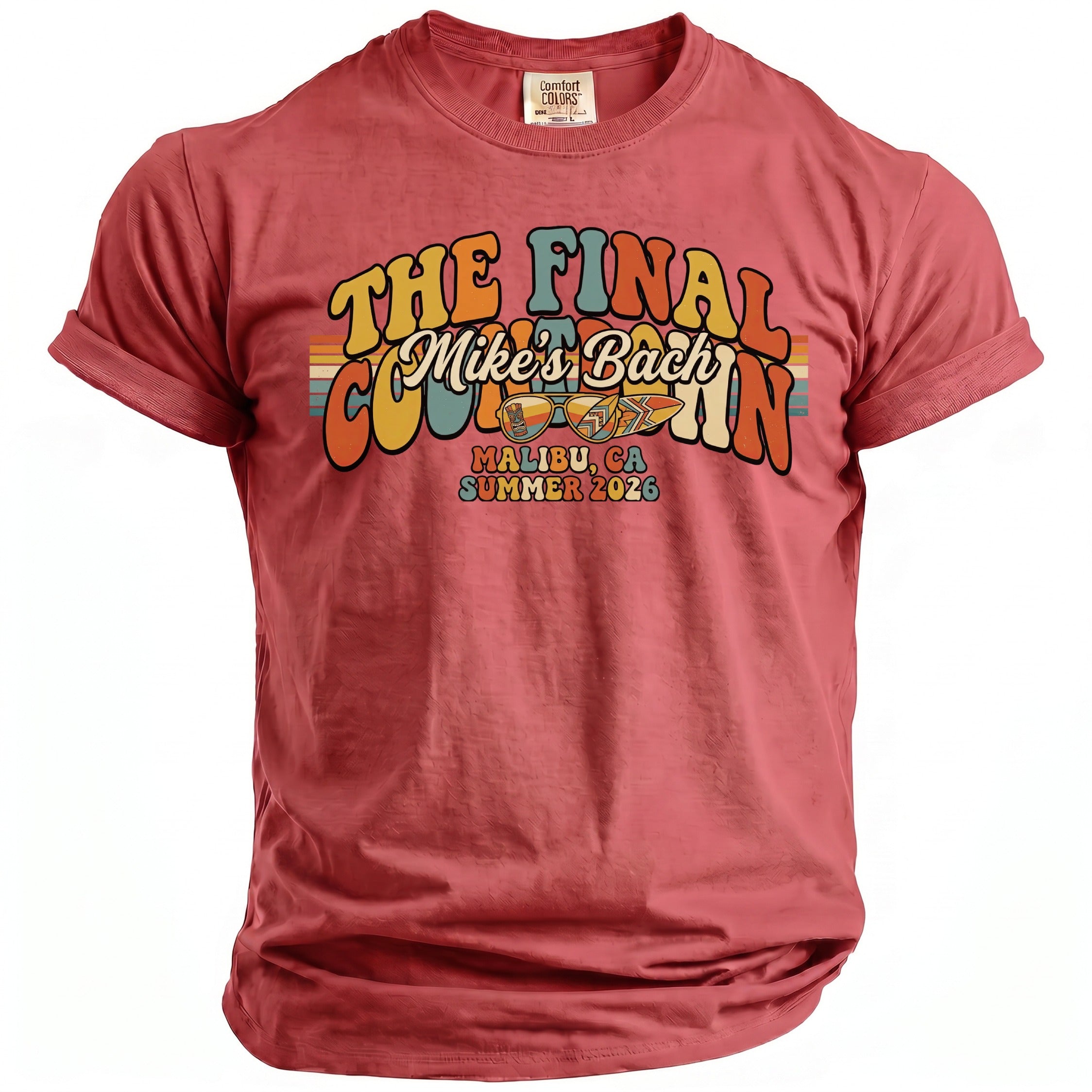 Red t-shirt with retro graphic: The Final Mike's Bach, Malibu CA Summer 2026