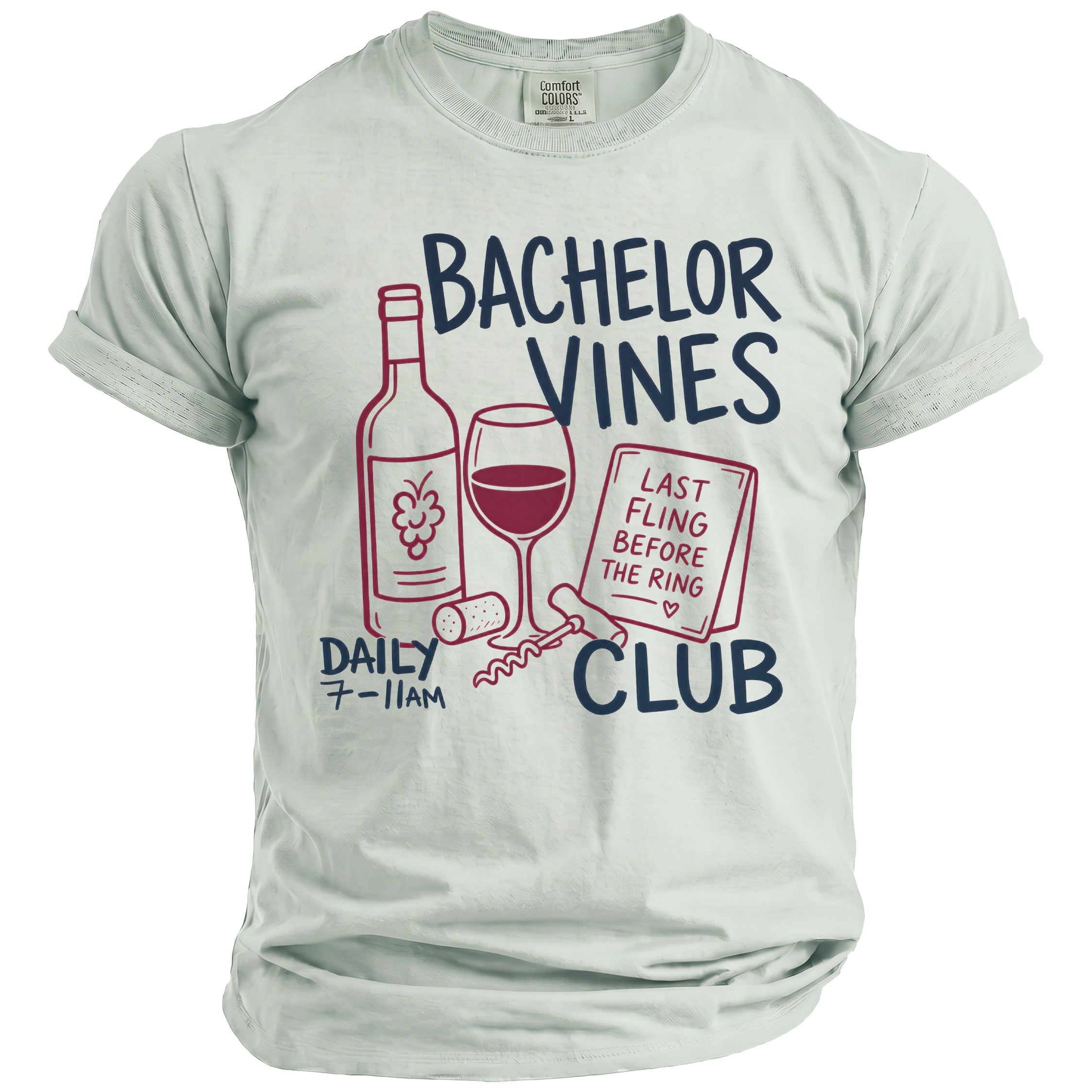 Light blue t-shirt with "Bachelor Vines Club" text, wine bottle, glass, cork, and sign.