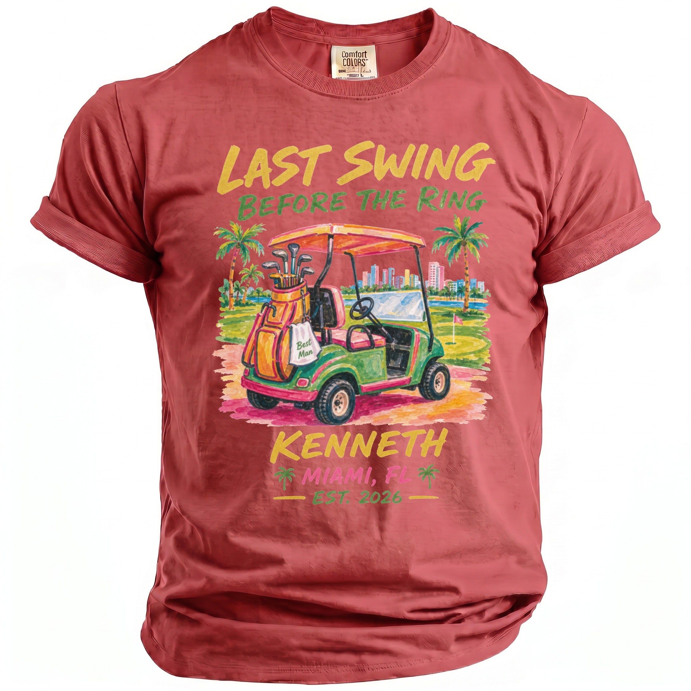 "Last Swing Before the Ring" graphic with golf cart, text "Kenneth Miami, FL Est. 2026".