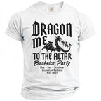 White t-shirt with "Dragon Me To The Altar" text and a dragon graphic.