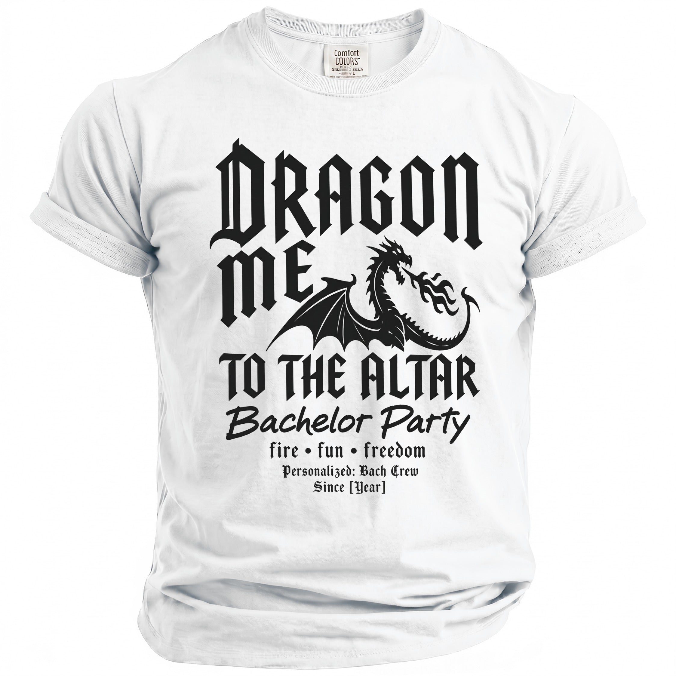 White t-shirt with "Dragon Me To The Altar" text and a dragon graphic.