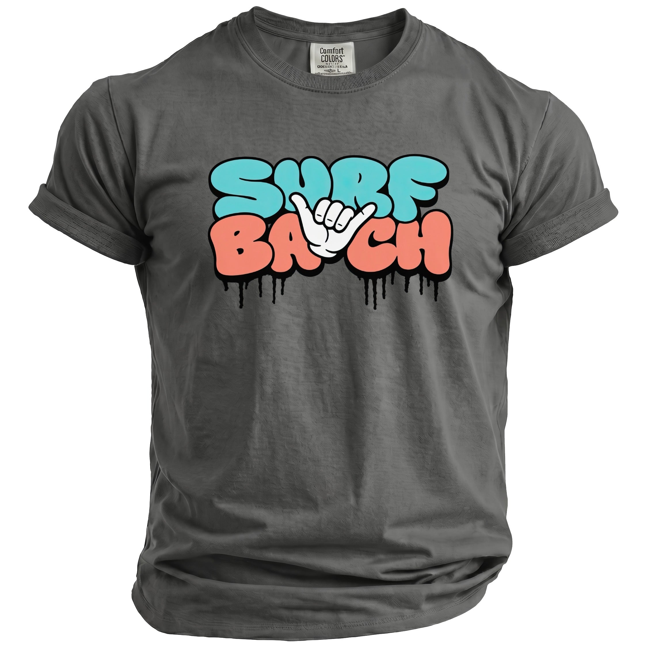 Gray t-shirt with "SURF BA CH" text and a hand symbol.