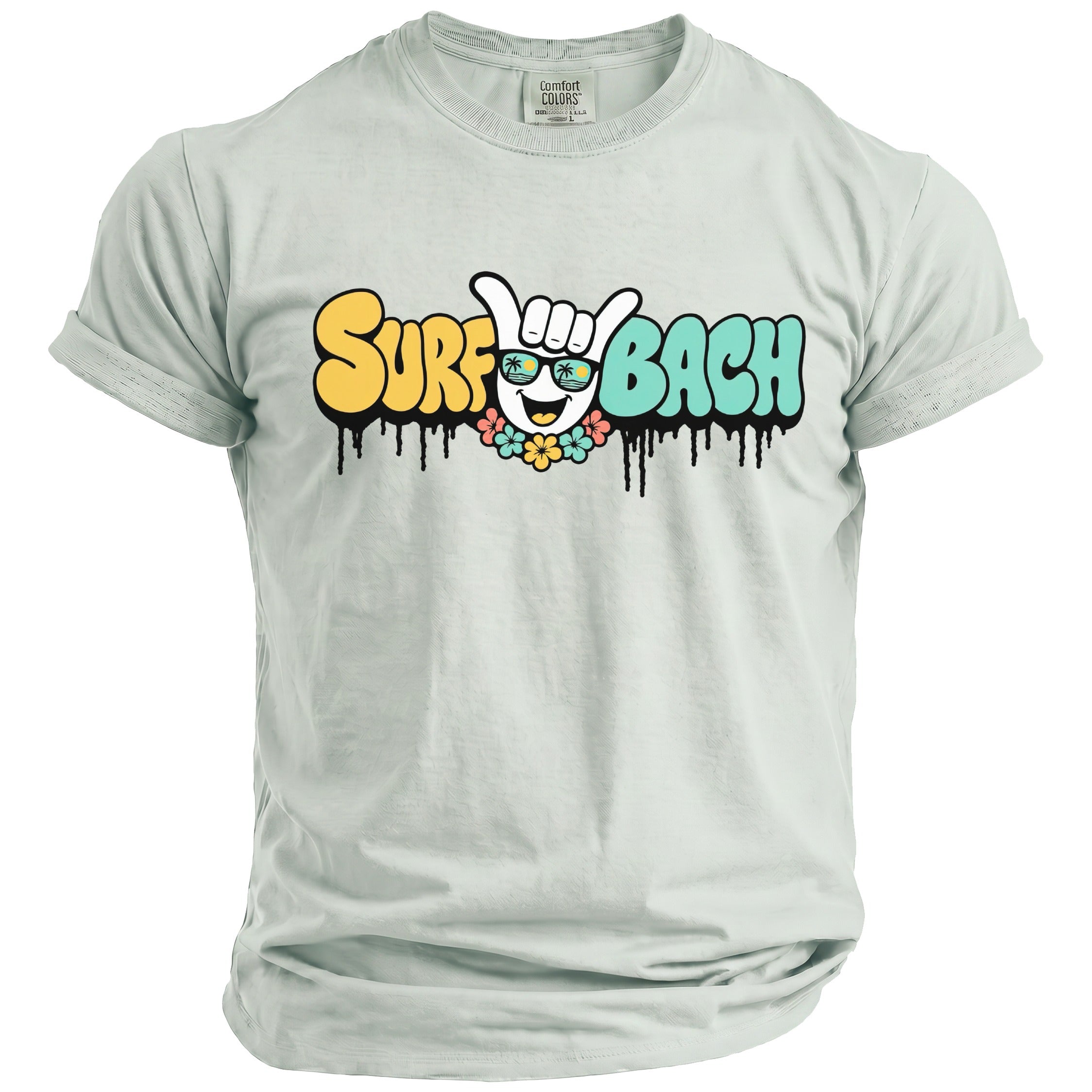 Light blue t-shirt with "SURF BACH" text and a graphic of a smiling sun wearing sunglasses.