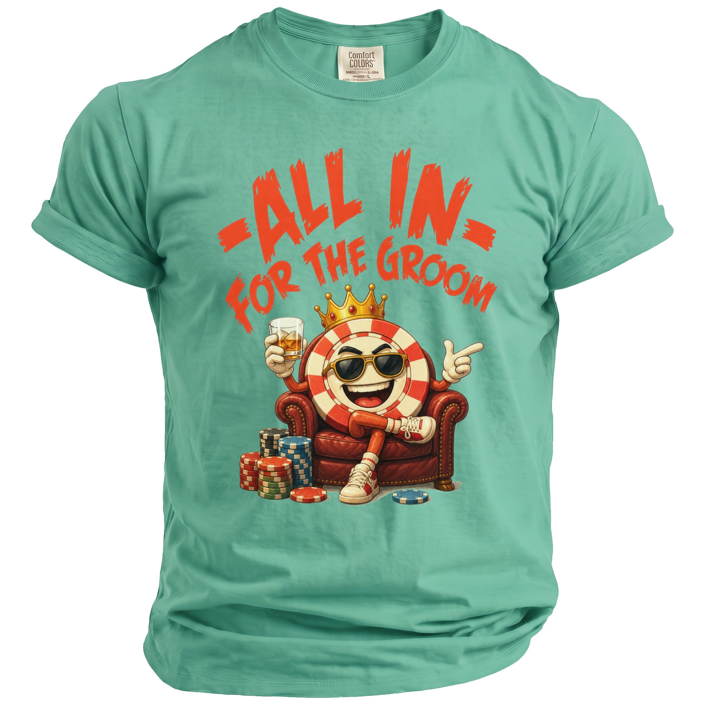 T-shirt with "All In For The Groom" text, a poker chip character, and gambling graphics.