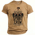 T-shirt with three skeletons in suits, a question mark, and "Spooky Crew Tyler's Bachelor Bash" text.