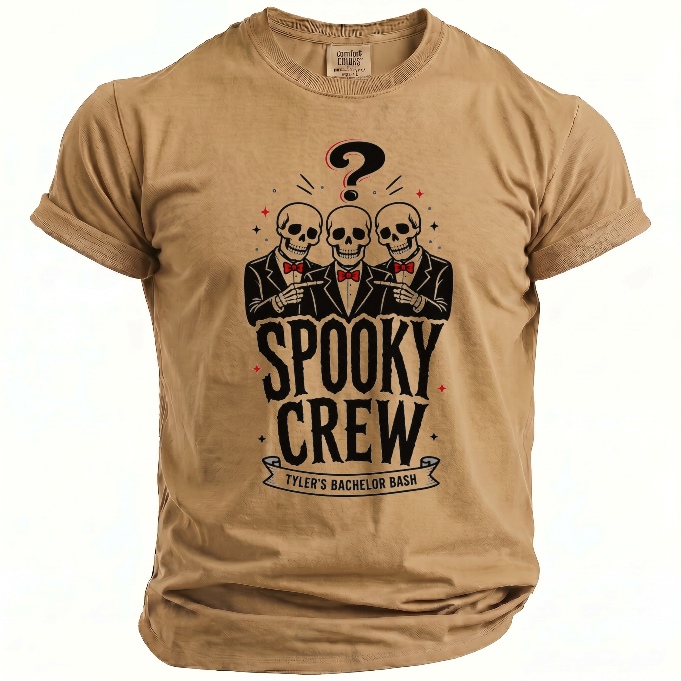 T-shirt with three skeletons in suits, a question mark, and "Spooky Crew Tyler's Bachelor Bash" text.