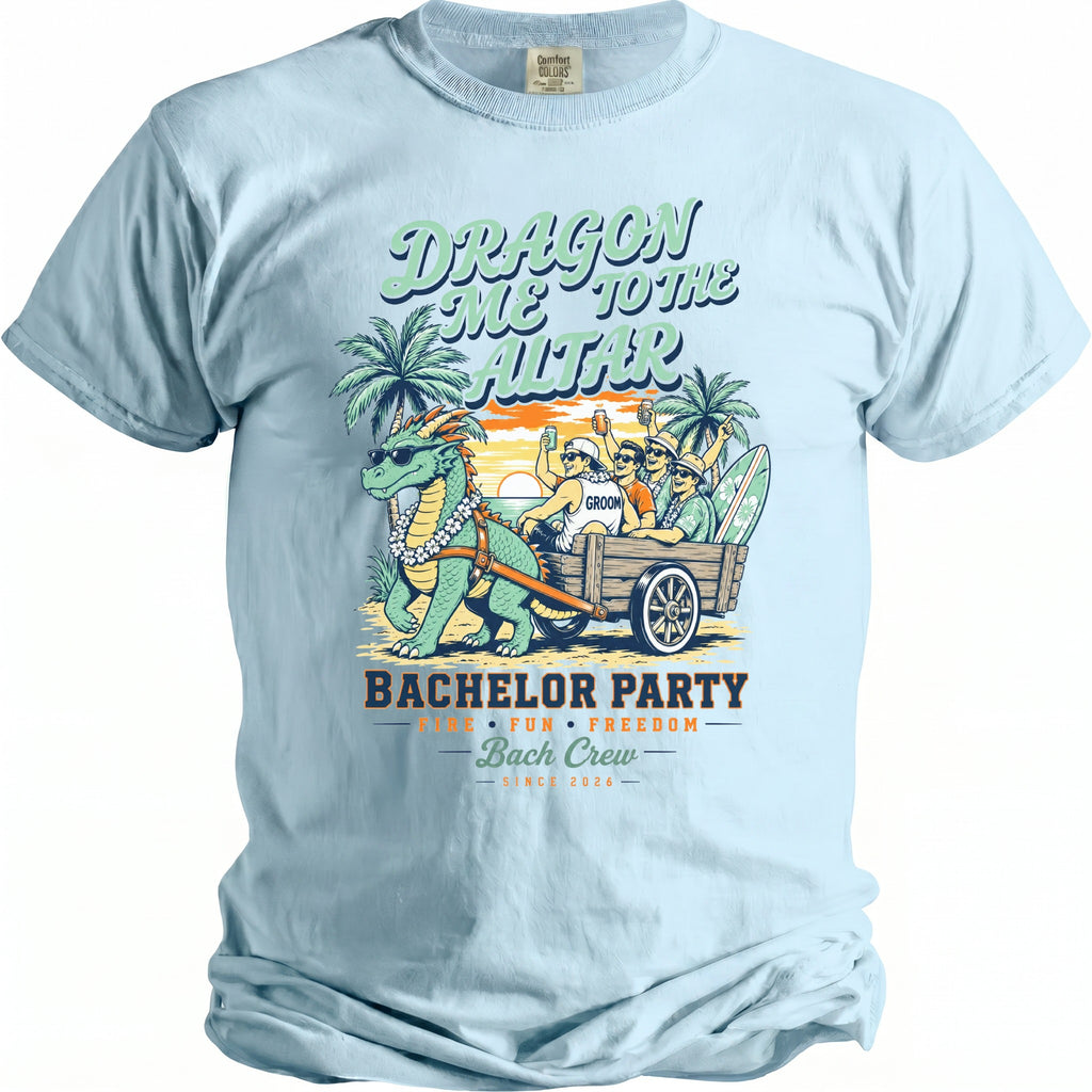 Dragon Me to the Altar Bachelor Party Bach Crew graphic on a light blue t-shirt.
