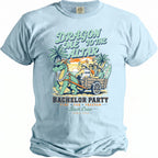 Dragon Me to the Altar Bachelor Party Bach Crew graphic on a light blue t-shirt.
