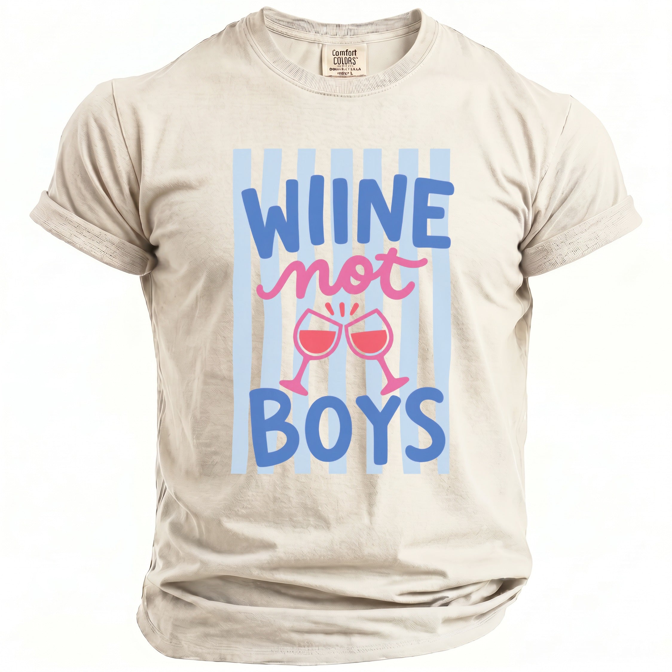 T-shirt with text "WINE not BOYS" and two pink wine glasses.