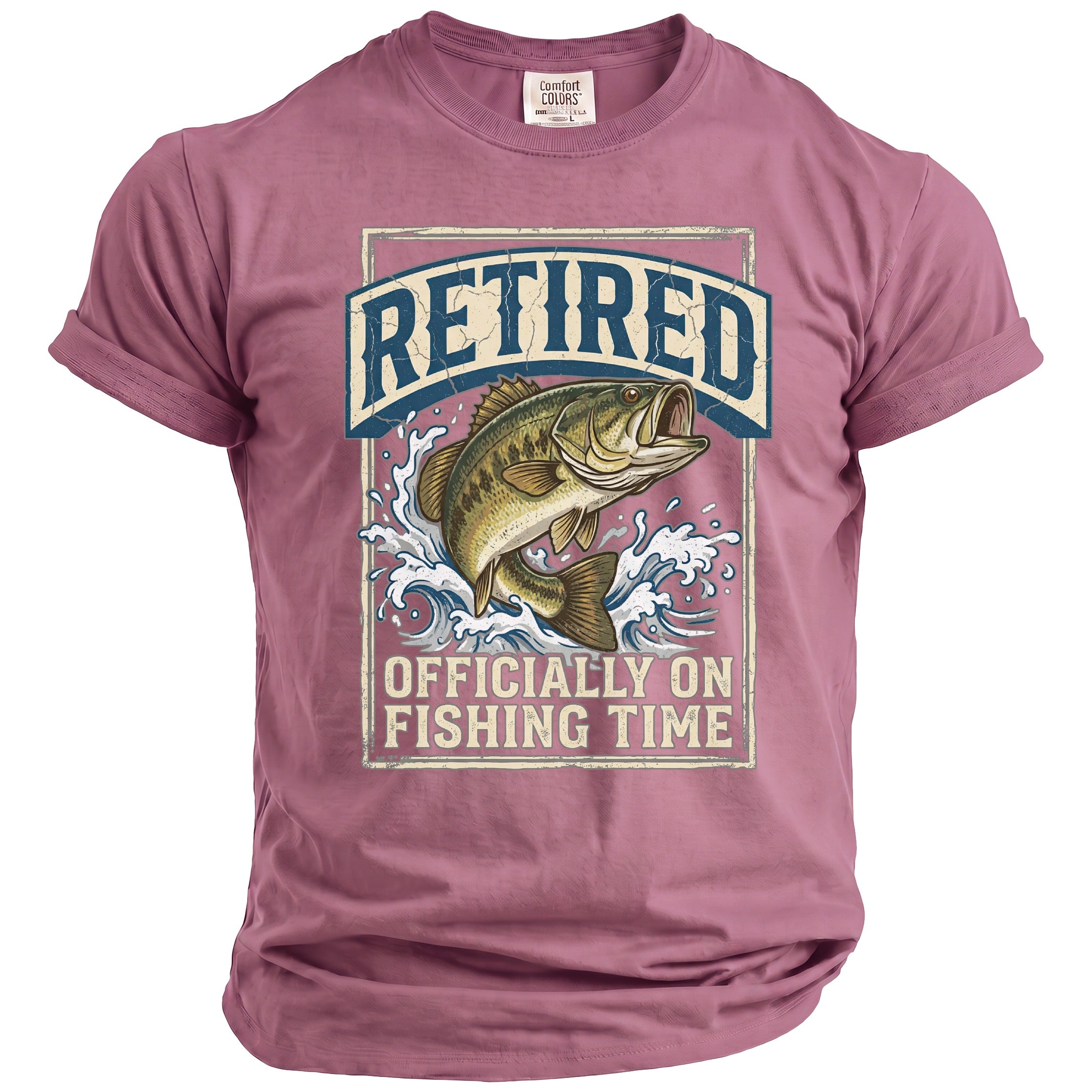 Pink t-shirt with a bass jumping in water and text "Retired Officially On Fishing Time".