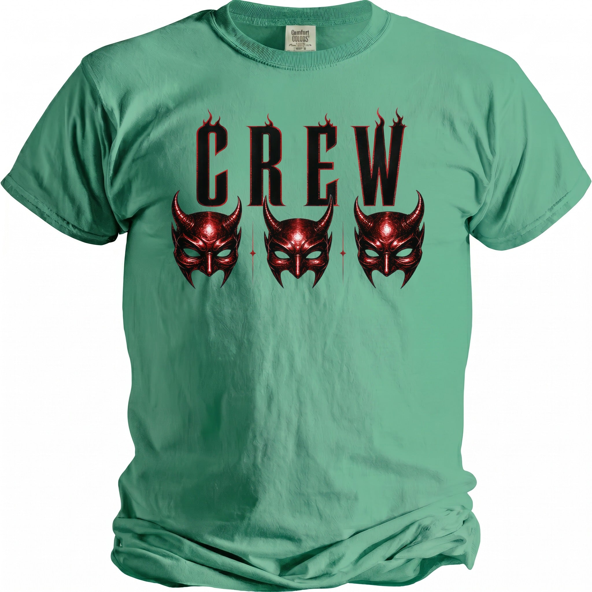 Green t-shirt with the word "CREW" and three red devil masks.