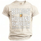 Light tan t-shirt with text "Beer Today Husband Tomorrow" and "Bachelor Party 2026".