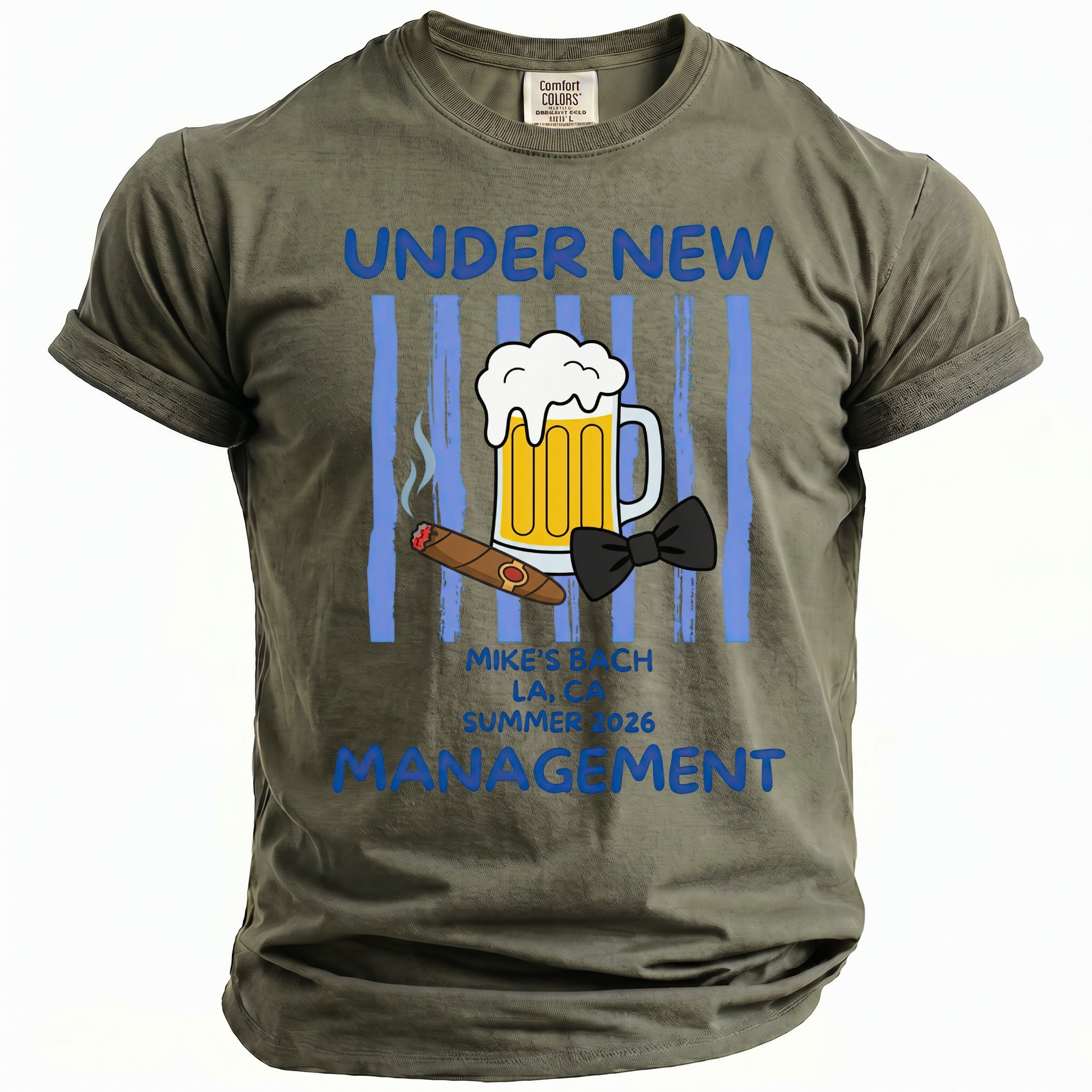 Olive t-shirt with "Under New Management" text, beer, cigar, and bow tie graphic.