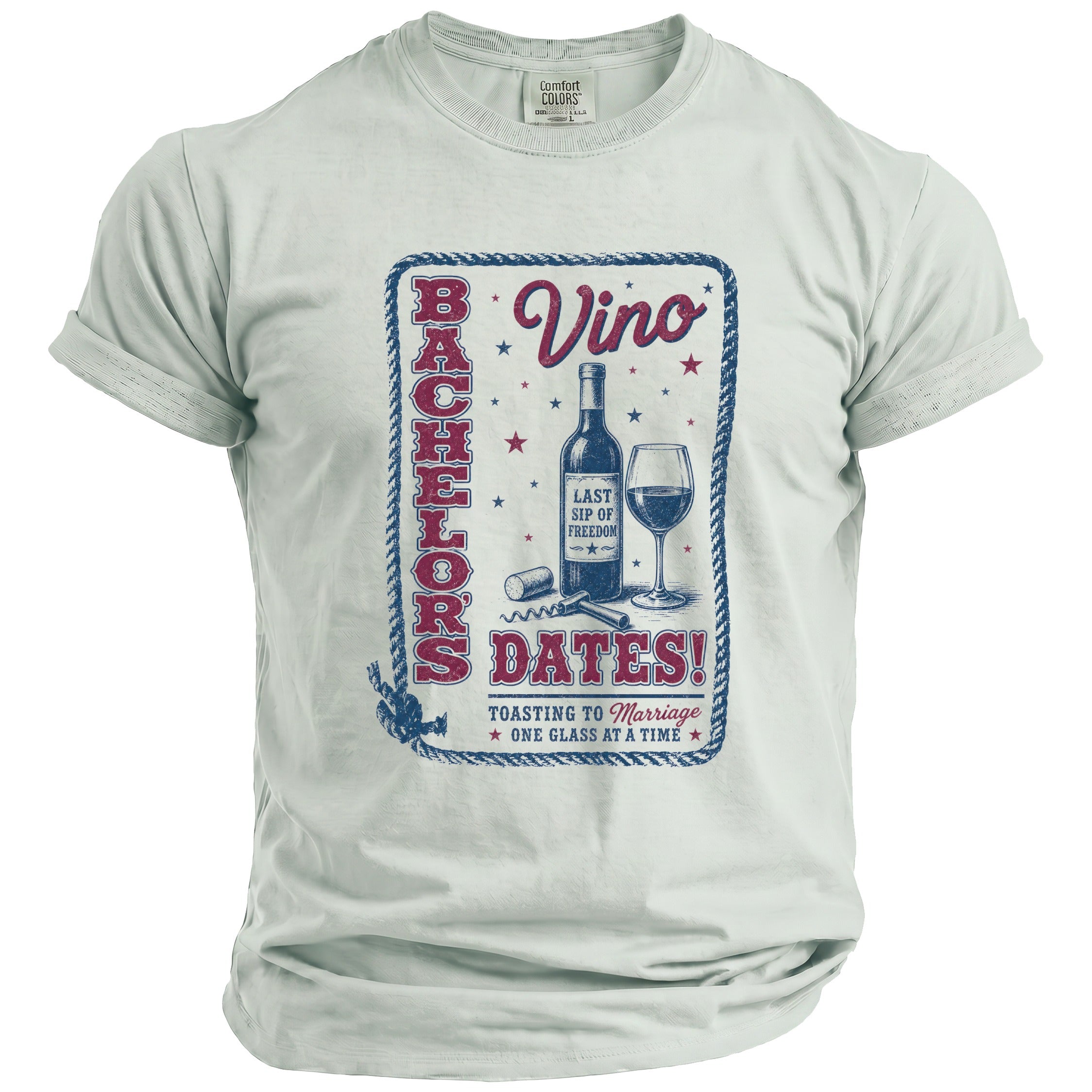T-shirt with "Bachelor's Dates" graphic featuring wine bottle, glass, and text.
