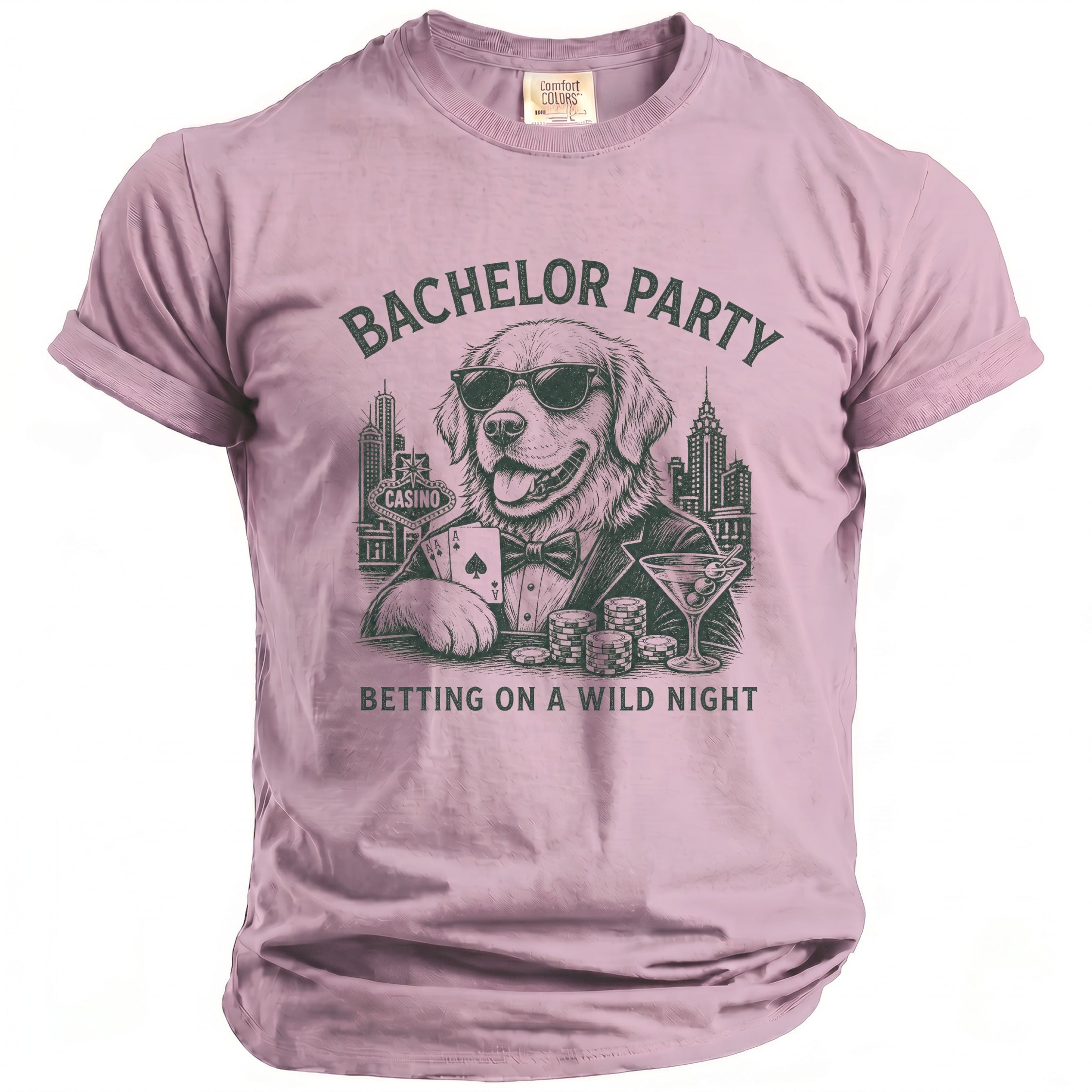 T-shirt graphic of a dog at a casino table with text "BACHELOR PARTY BETTING ON A WILD NIGHT."